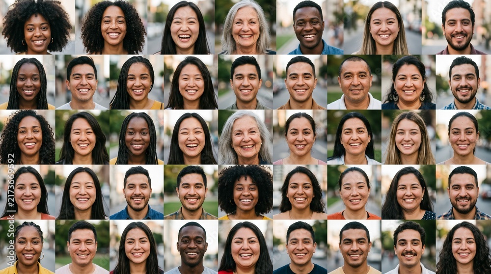 Obraz premium A Tapestry of Faces: A vibrant collage showcasing a diverse array of individuals, each with a unique smile, celebrating the beauty of human diversity and connection in a mosaic of expressions.