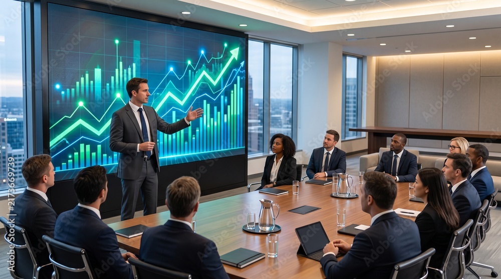 Fototapeta premium Male presenter giving a business strategy talk with financial stock charts on a high-tech boardroom display conveying data analysis and executive decision-making.