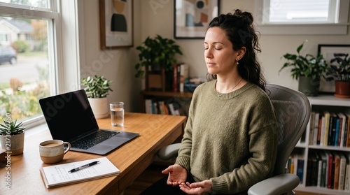 Mindful Moment at Home: A woman finds inner peace and tranquility by meditating at her home office desk, surrounded by books and plants, embodying a harmonious work-life balance.