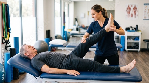 Physical Therapy Session: A male patient receives leg rehabilitation from a female physical therapist in a well-equipped clinic, showcasing care and recovery.