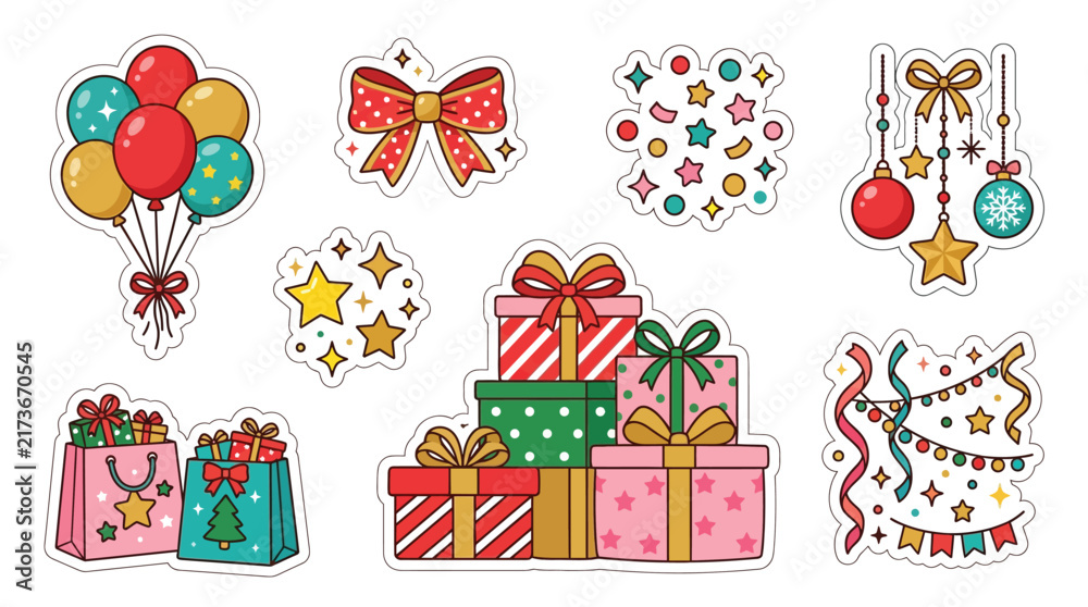 Fototapeta premium Collection of festive Christmas and New Year's holiday elements including gift boxes, balloons, bows, and decorations.