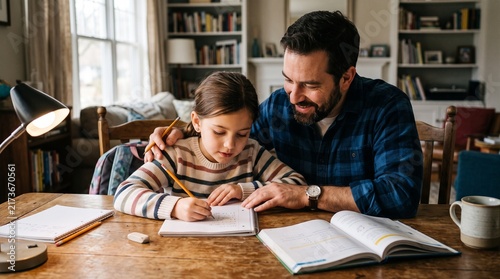 A Father's Guidance: A caring father gently guides his daughter as she diligently works on her homework at a wooden table, fostering a warm and supportive learning environment.