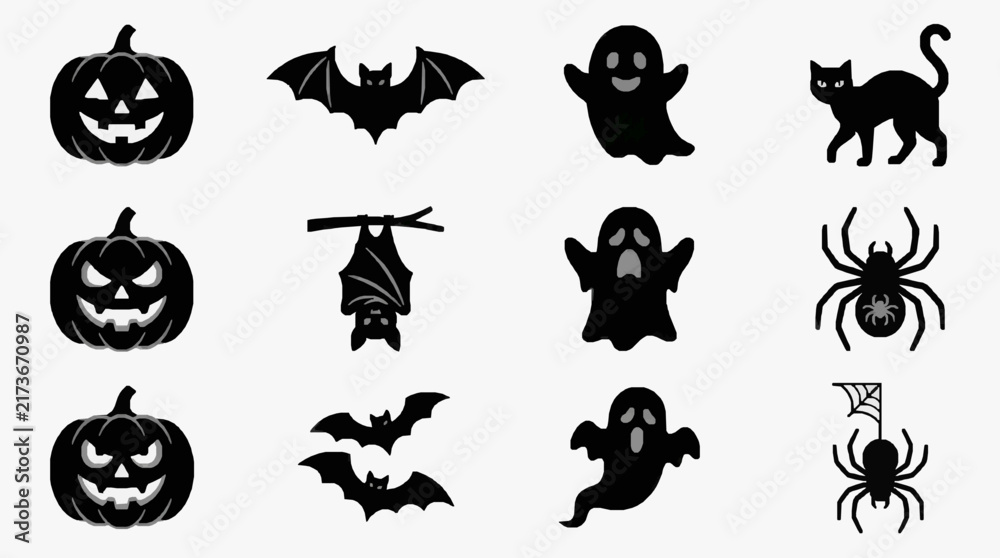 Fototapeta premium Modern Black and White Halloween Themed Icons Set Including Jack O Lanterns Bats Ghosts Black Cats Spiders and Flying Creatures