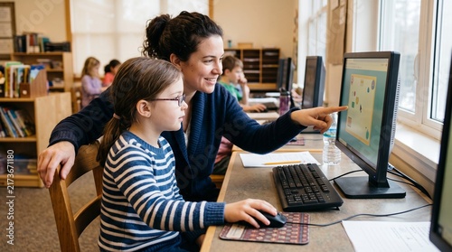 Teacher guiding student on computer