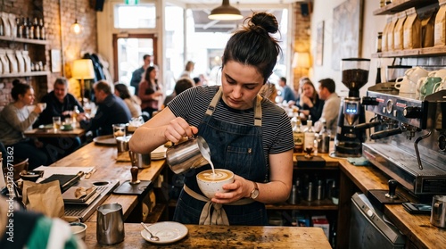 Barista Artistry: A focused barista crafts a delicate latte, pouring steamed milk into a coffee cup, in a cozy, bustling cafe filled with patrons enjoying their drinks.