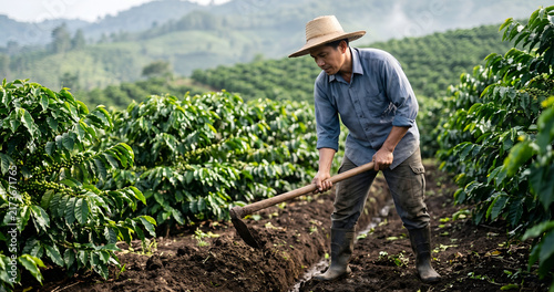 Coffee Farmer Digging Small Ditch with Hoe in Coffee Plantation