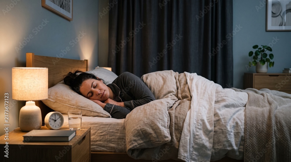 Fototapeta premium Peaceful Slumber: A woman sleeps soundly in a cozy bedroom, bathed in the soft, warm light of a bedside lamp, embodying tranquility and restful repose.
