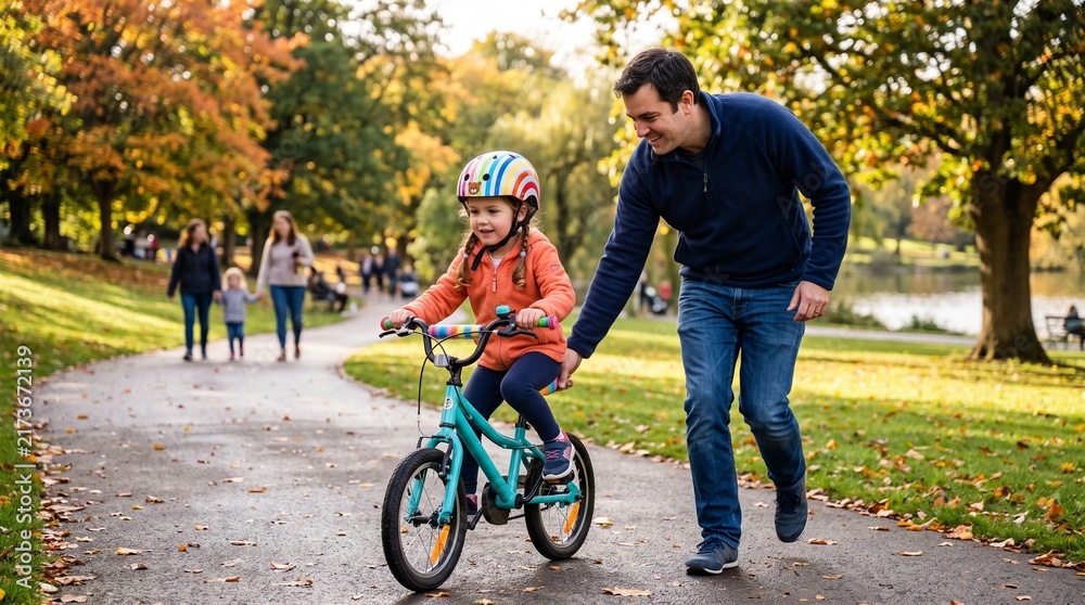 Fototapeta premium Father Teaching Daughter to Ride Bicycle