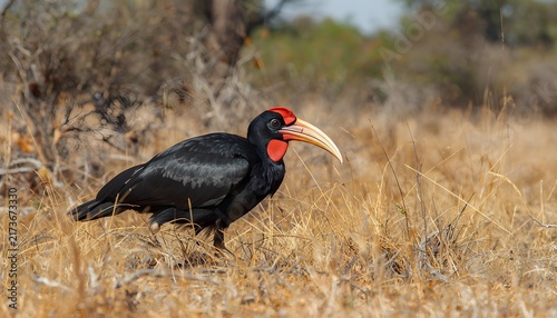 Southern ground hornbill walking through dry grassland in an African natural habitat, featuring black plumage, distinctive red facial skin, and a large curved bill.