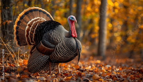 Large wild turkey standing on a forest floor covered with colorful autumn leaves, featuring detailed brown, black and white feathers in warm golden fall sunlight.