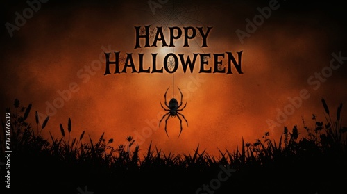 Dark Orange Background Grass Silhouette Row Single Hanging Spider Subtle Web Details Happy Halloween Text

