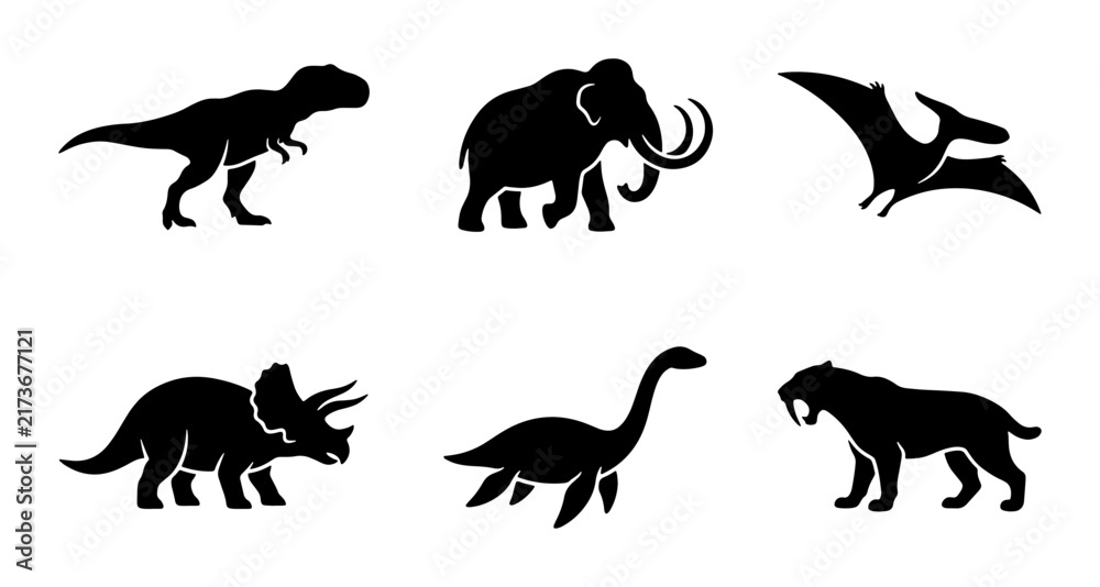 Obraz premium Dinosaur and Prehistoric Animal Silhouettes, Vector Icons for Paleontology and History