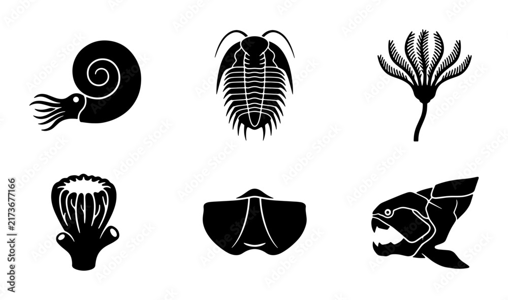 Fototapeta premium Fossil Icons Set: Prehistoric Life Silhouettes, Ancient Marine Creatures, Trilobite, Ammonite, Plant Fossils