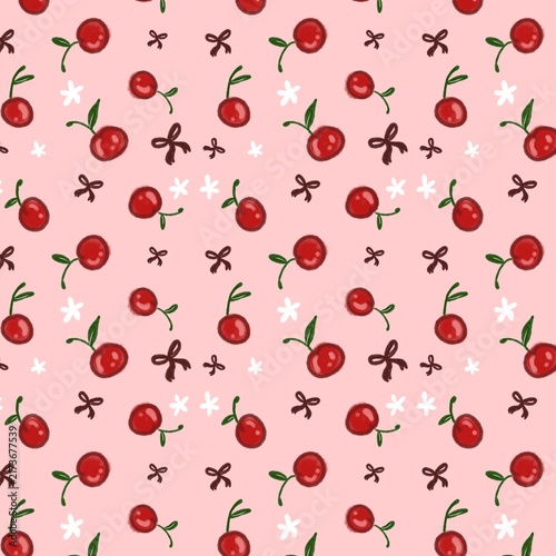 Obraz na płótnie Cute and cheerful red cherry with pink background and red whine ribbon for wallp