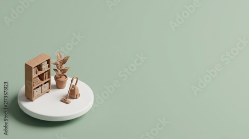 Minimalist 3D Studio Mockup of Miniature Wooden Bookshelf on Round Podium