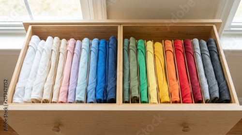 Organized Wooden Dresser Drawer with Vertically Folded Rainbow Colored Shirts