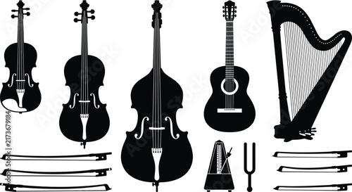 Foto Vector silhouette set of classical stringed musical instruments including violin