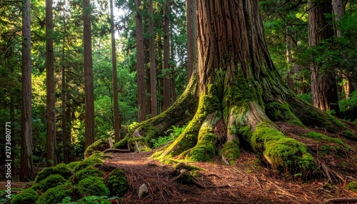 Cedar Tree Moss Roots Dark Forest Background