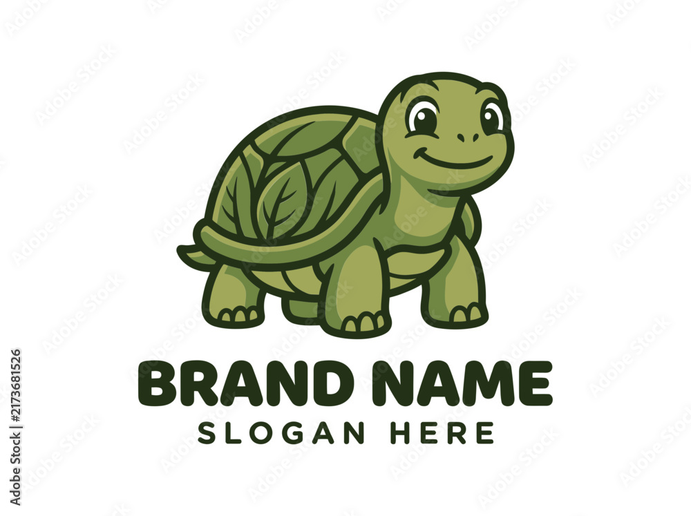 Fototapeta premium Cute Cartoon Turtle Mascot Logo with Green Leaf Shell Pattern for Organic Brand Identity