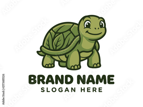 Cute Cartoon Turtle Mascot Logo with Green Leaf Shell Pattern for Organic Brand Identity