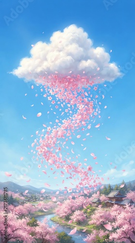 Colorful Cloud with Pink Sparkles and Blue Sky Background.
