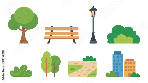 Park landscape icon featuring city scenery, trees, benches, buildings, pathways, and urban elements in a clean flat vector style