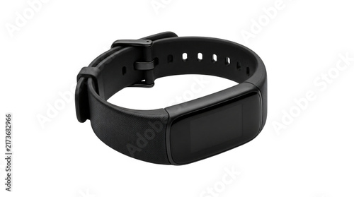 Black fitness tracker and smart band product photo. Wireless activity monitor with digital screen. Wearable device isolated on white background. Modern technology for health and sports