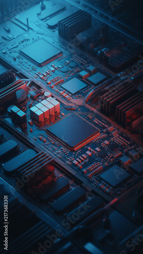 Angle view of electronic computer motherboard circuit board with glowing microchips and hardware components motherboard microchip processor