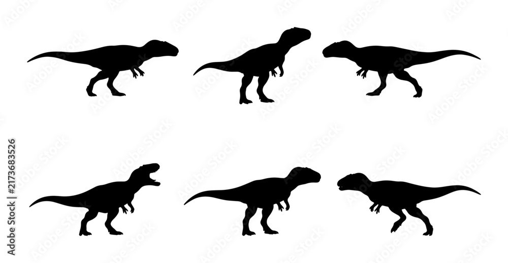 Obraz premium Six Tyrannosaurus Rex Silhouettes, Dinosaur Vector Icons, Prehistoric Creature Graphics