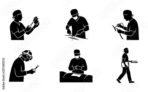 Surgeon Icons Set, Medical Operation Vector Graphics, Healthcare Procedure Silhouettes