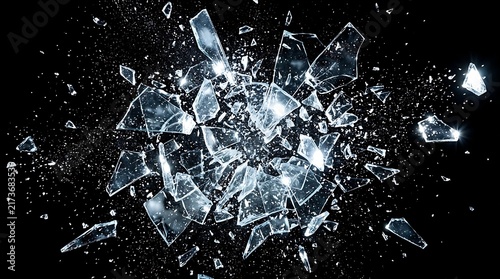 Shattered glass fragments flying on black, broken window shards exploding in slow motion, sharp debris splashing in dark space, dramatic destruction of transparent surface