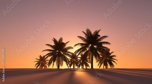 Beautiful tropical sunset with silhouettes of palm trees on a beach background at golden hour dusk