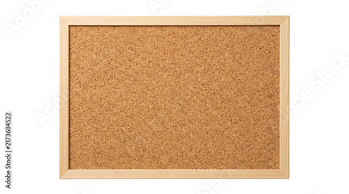 Corkboard pinboard photo. Brown textured cork surface inside a wooden frame. Empty memo board mockup for notices. Isolated on white background for office announcements and planning strategies