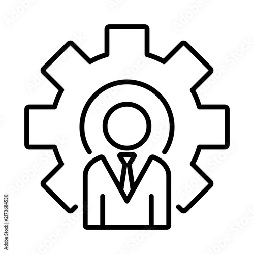 Outline management icon depicting a professional inside a gear, representing business administration, leadership, organization, supervision, and operational control.