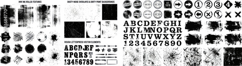 Collection of vintage grunge design elements with ink splatters distressed textures stenciled alphabet and icons in monochromatic style