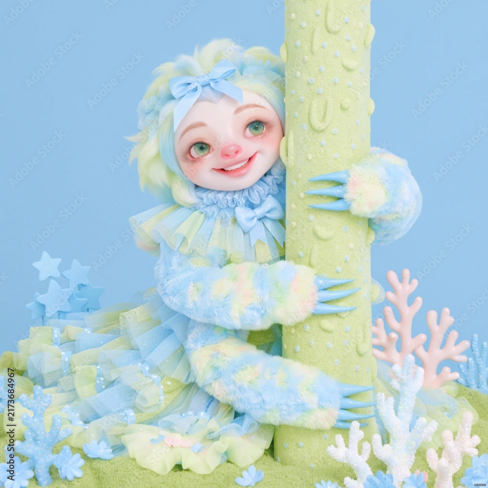 Naklejka premium Cute pastel blue clay sloth hugging tree, playful animal figurine in candy colors, whimsical kawaii toy character, creative handmade diorama decoration