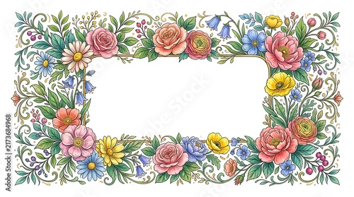 Elegant Hand Drawn Floral Frame with Colorful Roses and Wildflowers for Greeting Cards and Invitations