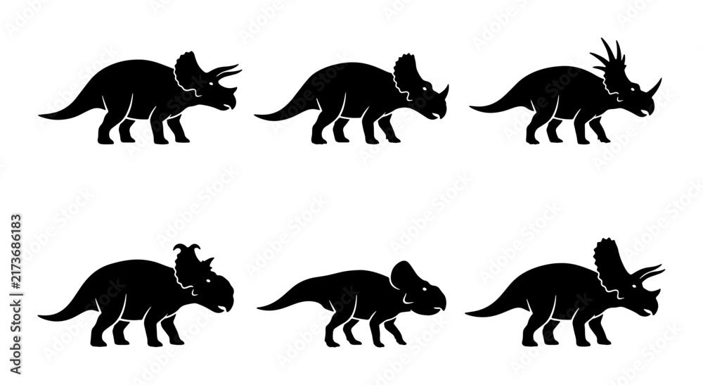 Obraz premium Triceratops Dinosaur Silhouettes, Prehistoric Vector Icons, Ancient Reptile Collection