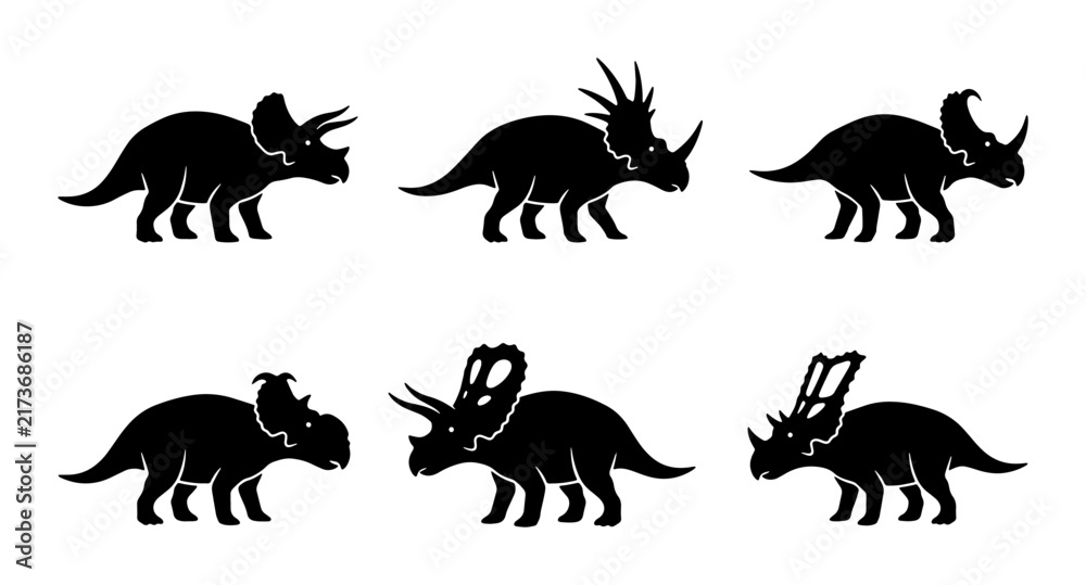 Obraz premium Triceratops Dinosaur Silhouettes, Prehistoric Reptile Icons, Ancient Creature Vector Set, Jurassic Era Graphics