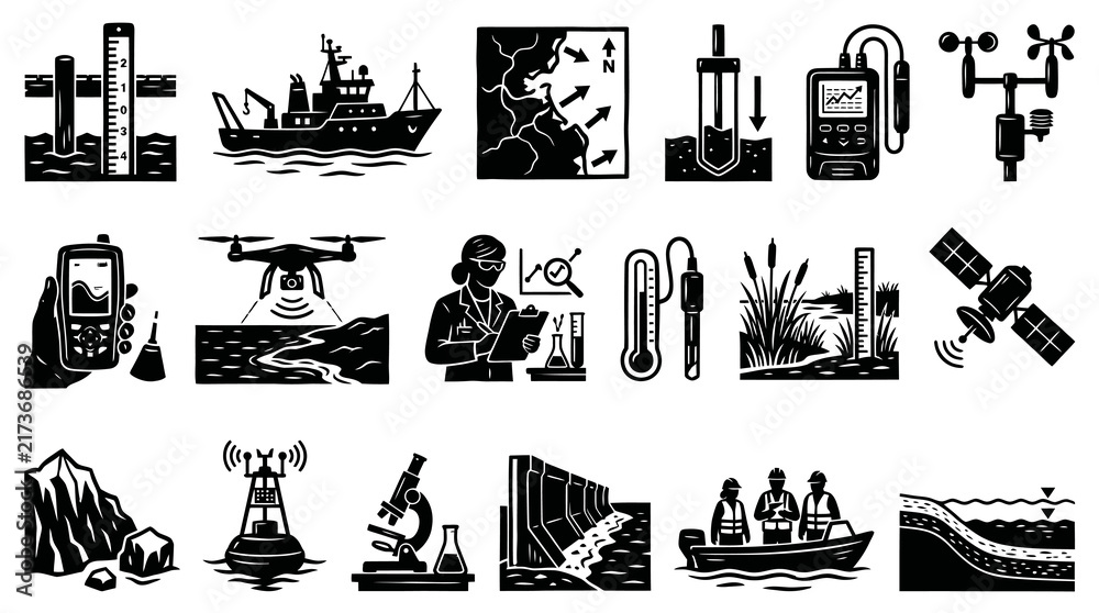 Fototapeta premium Earth Science, Hydrology Environmental Monitoring Black White Glyph Icons Set