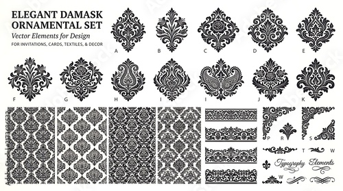 Elegant Damask Ornamental Vector Set with Floral Motifs, Seamless Patterns, Borders, and Corners