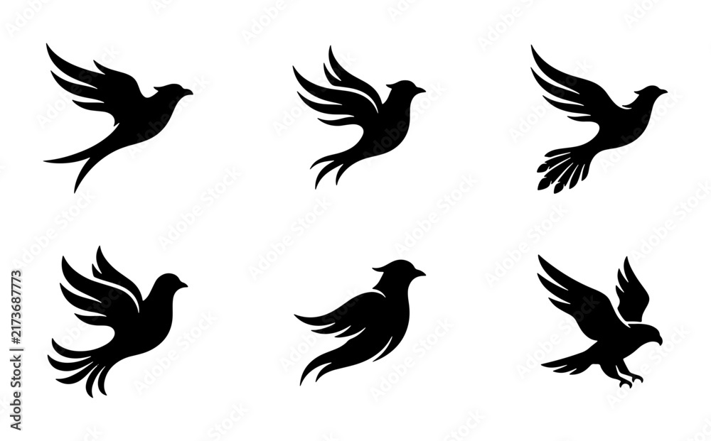 Obraz premium Set of 6 Flying Bird Silhouettes, Vector Icons for Freedom, Peace, and Nature Themes