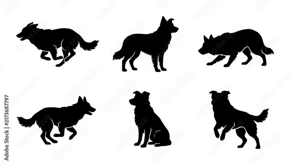 Fototapeta premium Dog Silhouettes Collection: Running, Sitting, Standing Canine Poses Vector Set