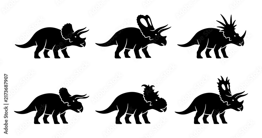 Obraz premium Triceratops Dinosaur Silhouettes, Prehistoric Reptile Icons, Ancient Creature Vector Graphics, Paleontology Set