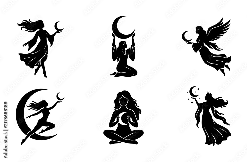 Fototapeta premium Mystical Moon Goddess Silhouettes, Celestial Female Figures, Esoteric Oracle Icons, Witchcraft Vector Set