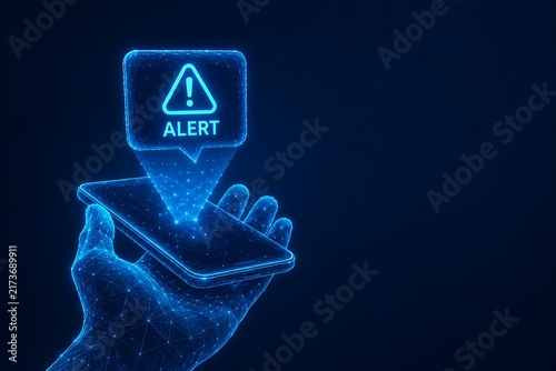 Digital hand holding smartphone with warning alert triangle icon. e-commerce fraud detection mobile phone cyber attack smartphone notification security. e-commerce fraud detection