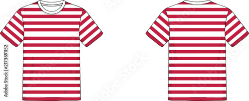 Red and white striped short sleeve t-shirt front and back view isolated on white background for fashion apparel design