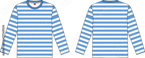 Blue and white striped long sleeve shirt front and back view isolated on white background for clothing fashion design