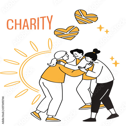 Charity and Community Support Vector Illustration with People Helping and Embracing an Elderly Person
