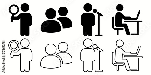 A collection of black and white vector icons depicting various human activities and professional office work roles